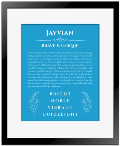 Jayvian personalized name print with origin and traits in blue with black matte frame