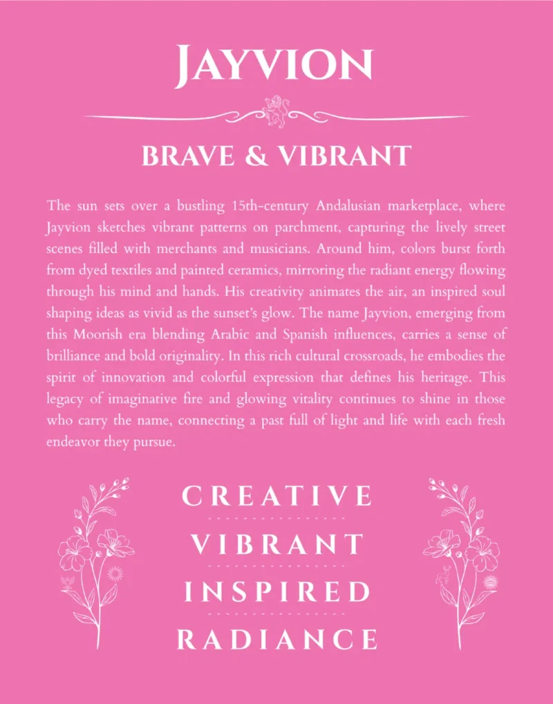 Jayvion custom name art showing meaning and origin in pink