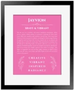 Jayvion custom name art showing meaning and origin in pink with black matte frame