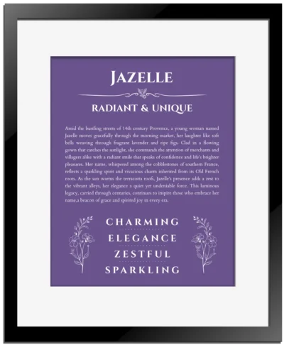 Jazelle custom name print for wall display in purple with black matte frame