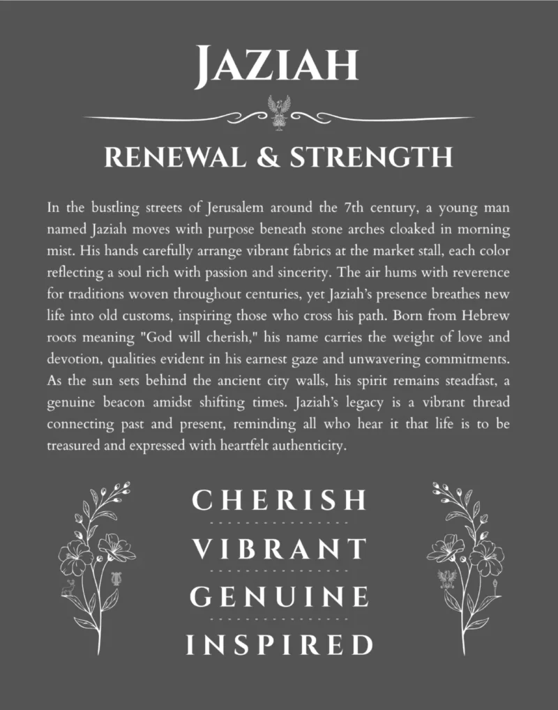 Jaziah personalized name art with origin story in gray