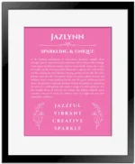 Jazlynn name meaning wall art by Get Your Story in pink with black matte frame