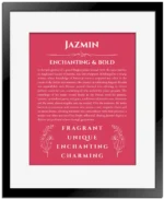 Jazmin personalized name print with origin and traits in red with black matte frame