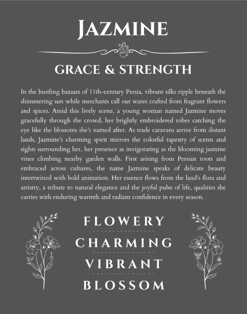 Jazmine name origin print with meaning and traits in gray