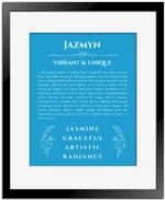 Jazmyn personalized name meaning print in blue with black matte frame