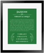 Jazzlyn name meaning wall art by Get Your Story in dark green with black matte frame