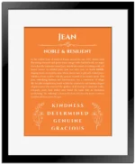 Jean personalized name print with origin and traits in orange with black matte frame