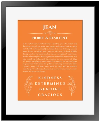 Jean personalized name print with origin and traits in orange with black matte frame
