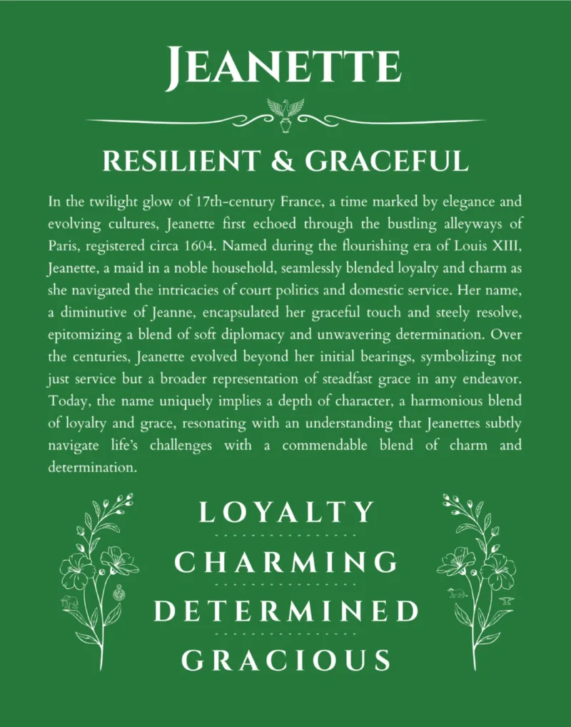 Jeanette custom name art showing meaning and origin in dark green