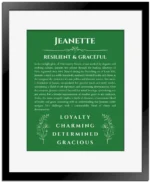 Jeanette custom name art showing meaning and origin in dark green with black matte frame