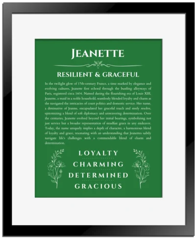 Jeanette custom name art showing meaning and origin in dark green with black matte frame