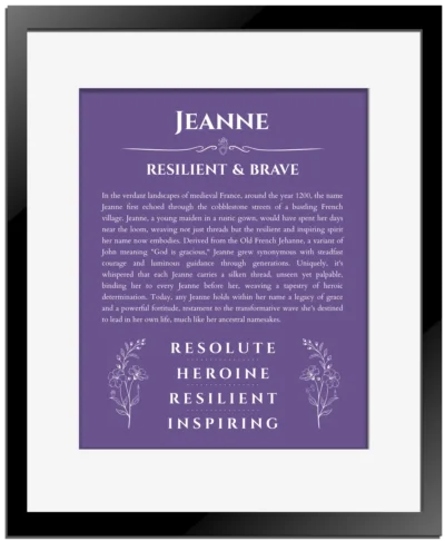 Jeanne custom name print for wall display in purple with black matte frame