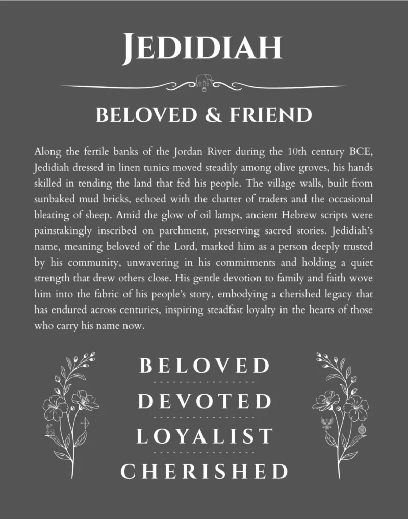 Jedidiah name origin print with meaning and traits in gray