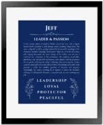 Jeff personalized name art with origin story in deep blue with black matte frame