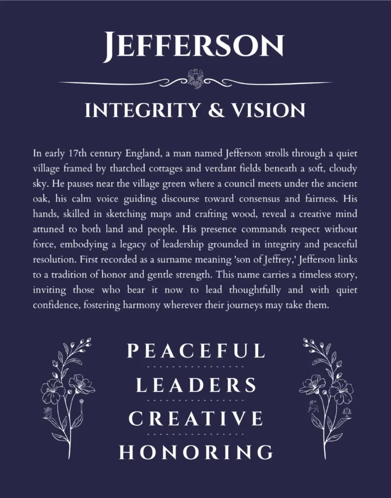 Jefferson custom name art showing meaning and origin in navy blue