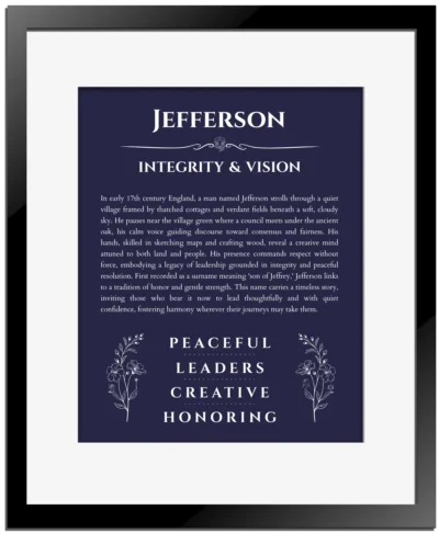 Jefferson custom name art showing meaning and origin in navy blue with black matte frame