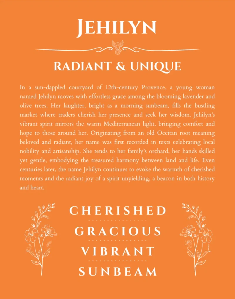 Jehilyn personalized name print with origin and traits in orange