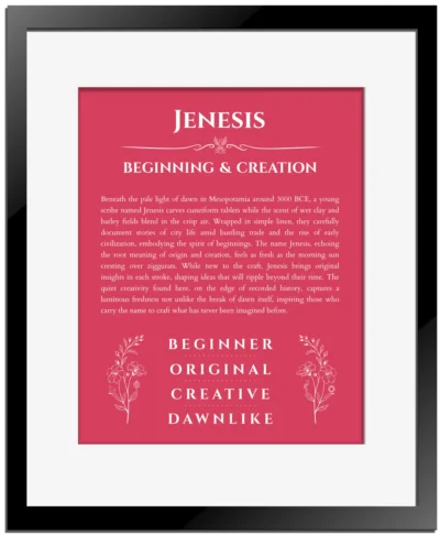 Jenesis custom name print for wall display in red with black matte frame
