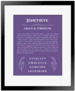 Jenevieve personalized wall art with the story of your name in purple with black matte frame