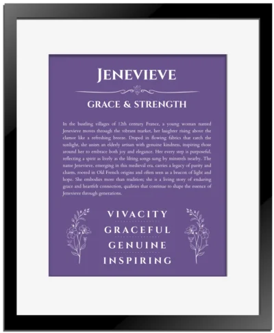 Jenevieve personalized wall art with the story of your name in purple with black matte frame