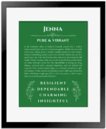 Jenna custom name art showing meaning and origin in dark green with black matte frame