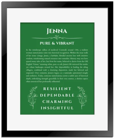 Jenna custom name art showing meaning and origin in dark green with black matte frame