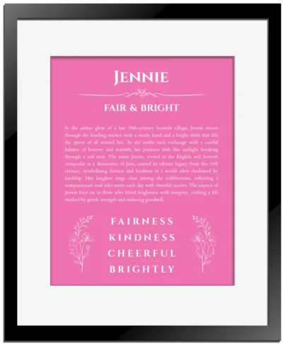 Jennie name meaning gift print in pink with black matte frame
