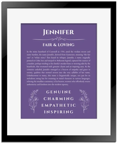 Jennifer name meaning gift print in purple with black matte frame