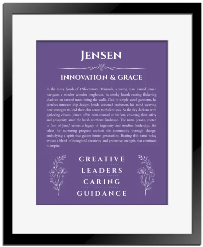 Jensen name meaning gift print in purple with black matte frame