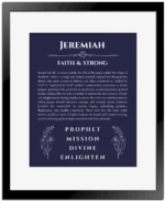 Jeremiah custom name meaning print in navy blue with black matte frame