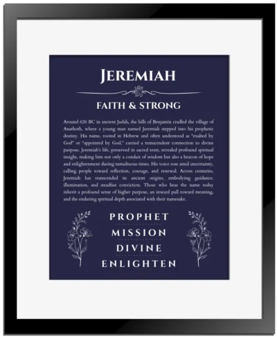Jeremiah custom name meaning print in navy blue with black matte frame