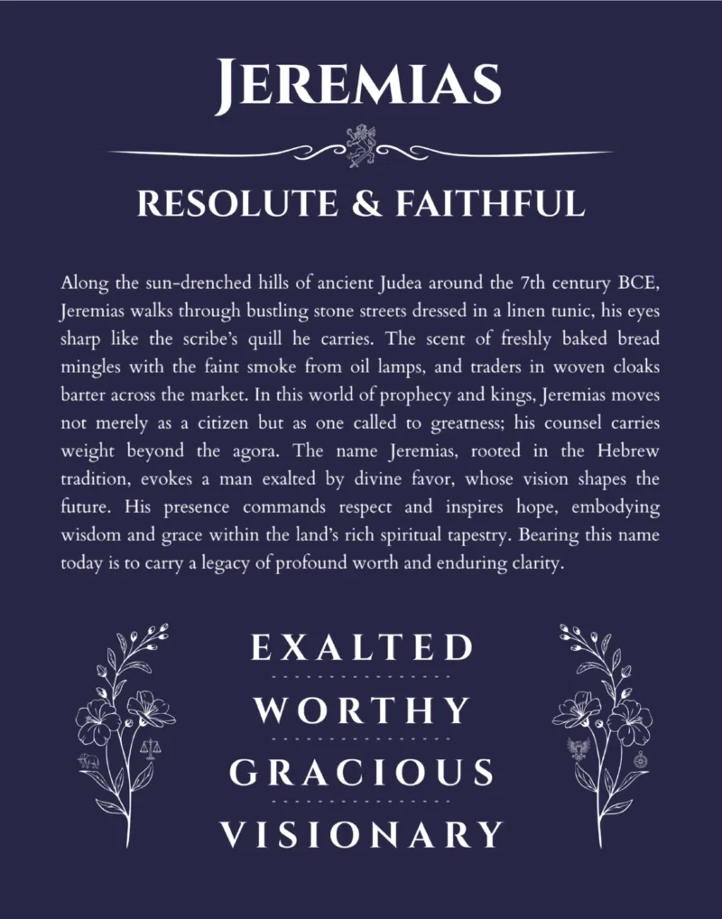 Jeremias custom name art showing meaning and origin in navy blue