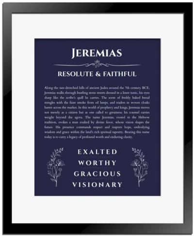 Jeremias custom name art showing meaning and origin in navy blue with black matte frame