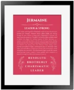 Jermaine personalized name art with origin story in red with black matte frame