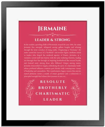 Jermaine personalized name art with origin story in red with black matte frame