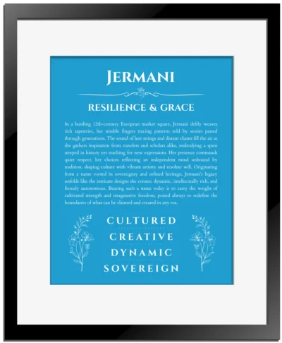 Jermani custom name art showing meaning and origin in blue with black matte frame