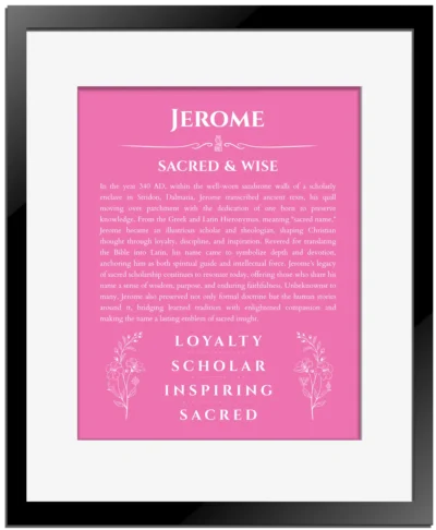 Jerome custom name meaning print in pink with black matte frame