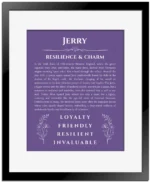 Jerry personalized name meaning print in purple with black matte frame