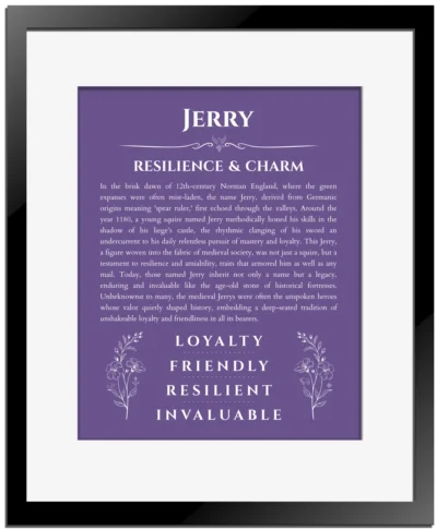 Jerry personalized name meaning print in purple with black matte frame