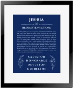 Jeshua name meaning wall art by Get Your Story in deep blue with black matte frame