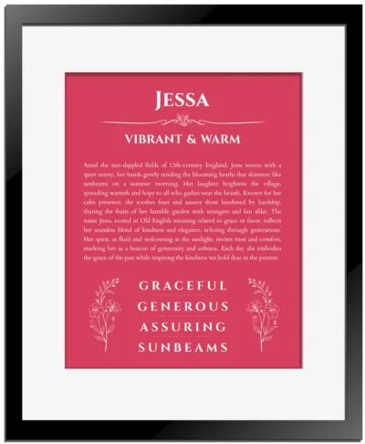 Jessa personalized name art with origin story in red with black matte frame