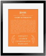 Jesse custom name meaning print in orange with black matte frame