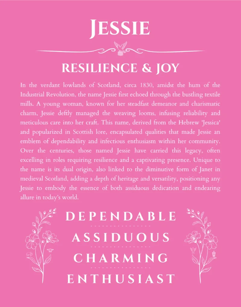 Jessie name origin print with meaning and traits in pink