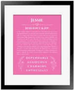Jessie name origin print with meaning and traits in pink with black matte frame