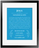 Jesus name meaning gift print in blue with black matte frame