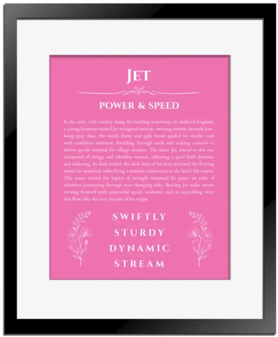 Jet personalized name print with origin and traits in pink with black matte frame