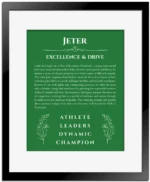 Jeter custom name meaning print in dark green with black matte frame