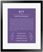 Jett personalized wall art with the story of your name in purple with black matte frame