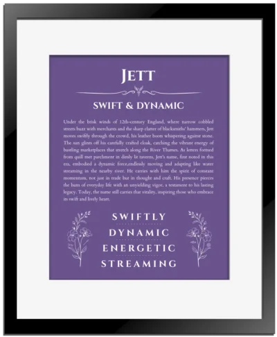 Jett personalized wall art with the story of your name in purple with black matte frame