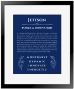 Jettson custom name art showing meaning and origin in deep blue with black matte frame
